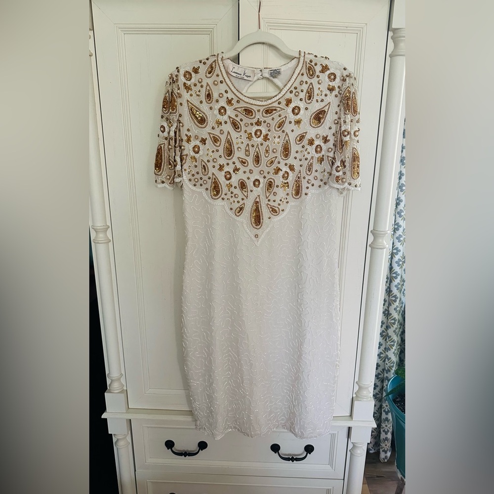Vintage Lawrence Kazar Silk Beaded Sequined White And Gold Evening Dress Size L